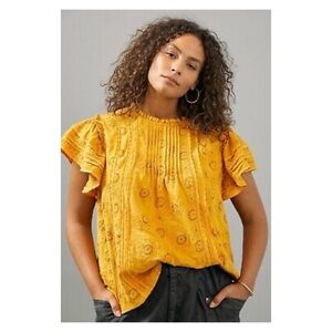 NWOT Anthropologie Forever That Girl Ruffled Eyelet Top in Gold  Size Small